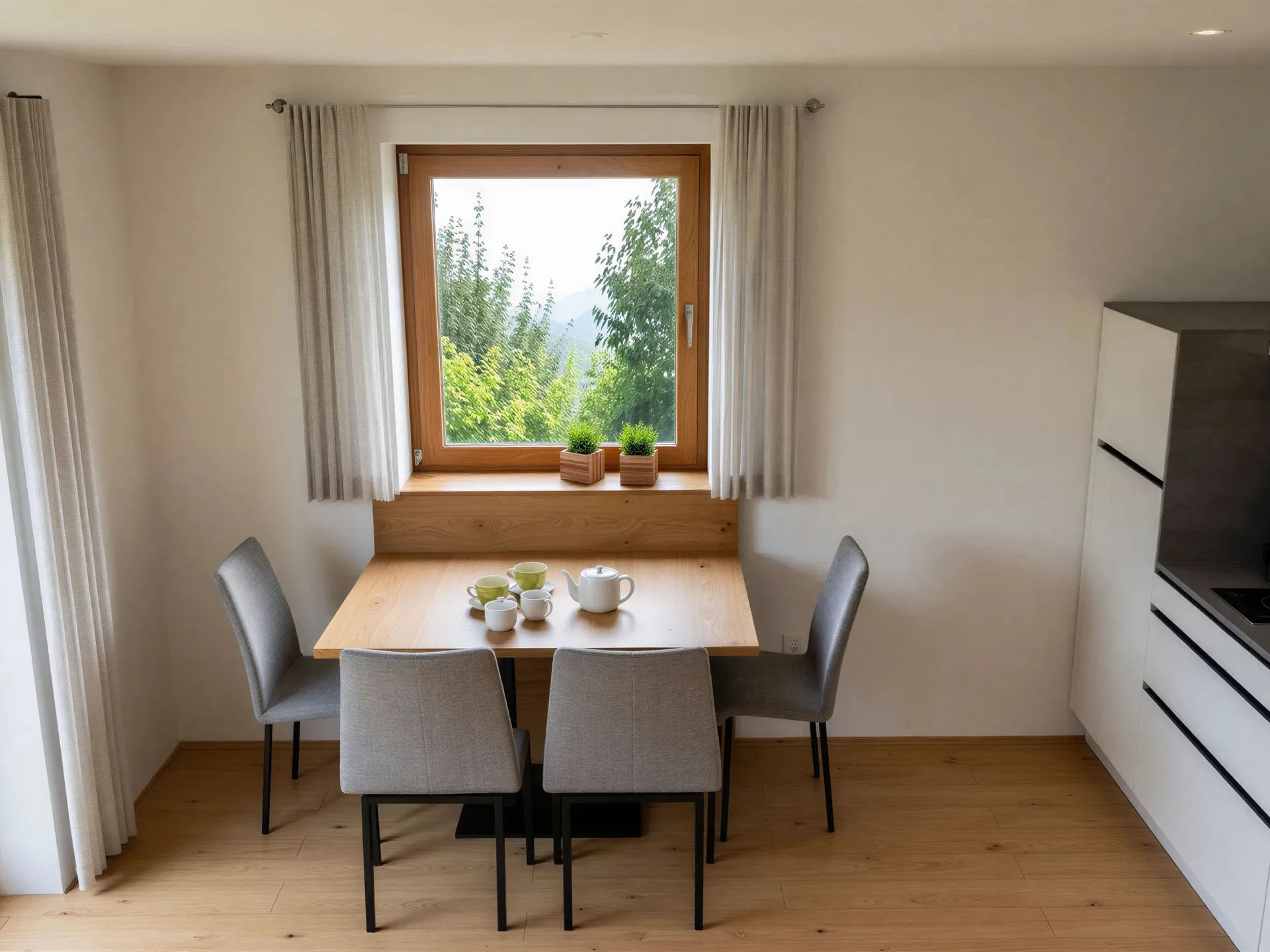 Essbereich mit Holztisch, vier Stühlen und Teeservice vor einem Fenster mit Blick ins Grüne