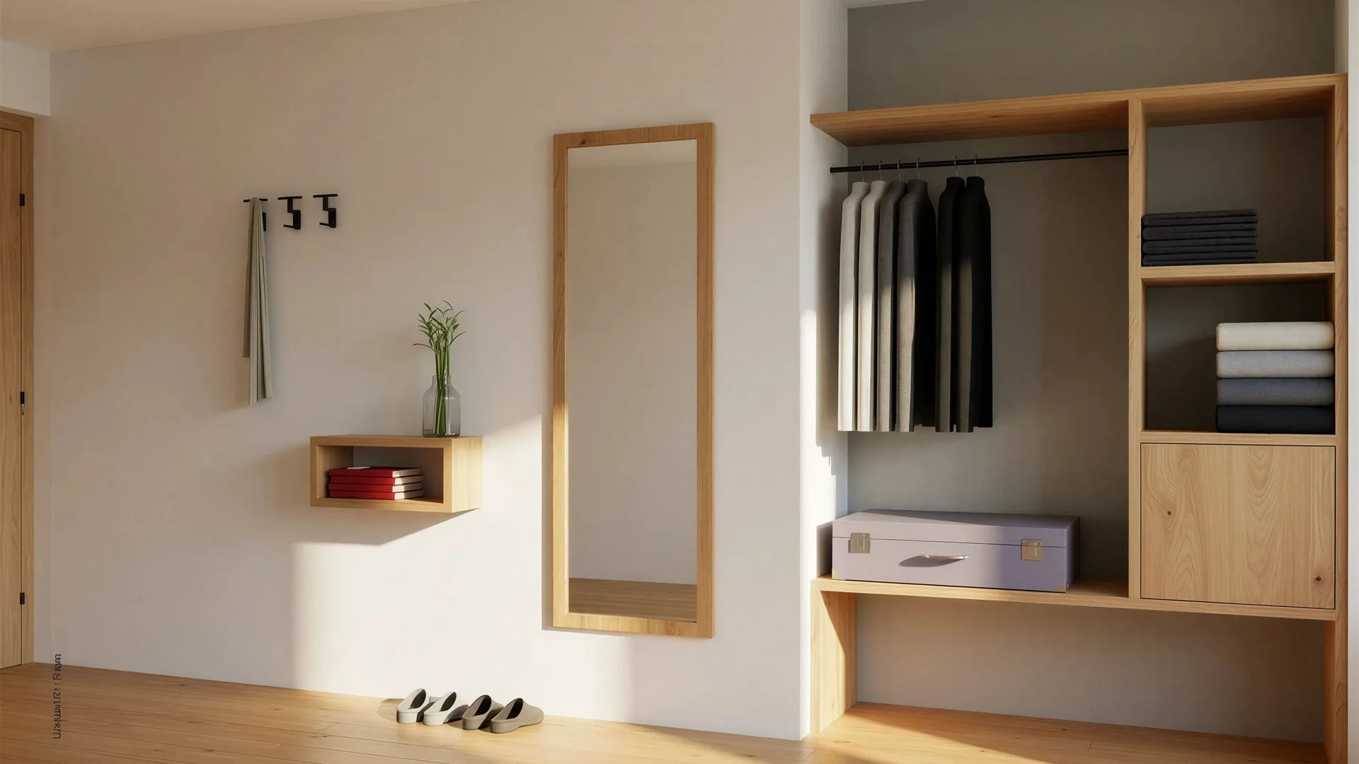 Bilder vom Armonia: Hof am Ritten in Südtirol Heller Ankleidebereich mit offenem Holzschrank, Kleidung, Handtüchern, Spiegel und Hausschuhen