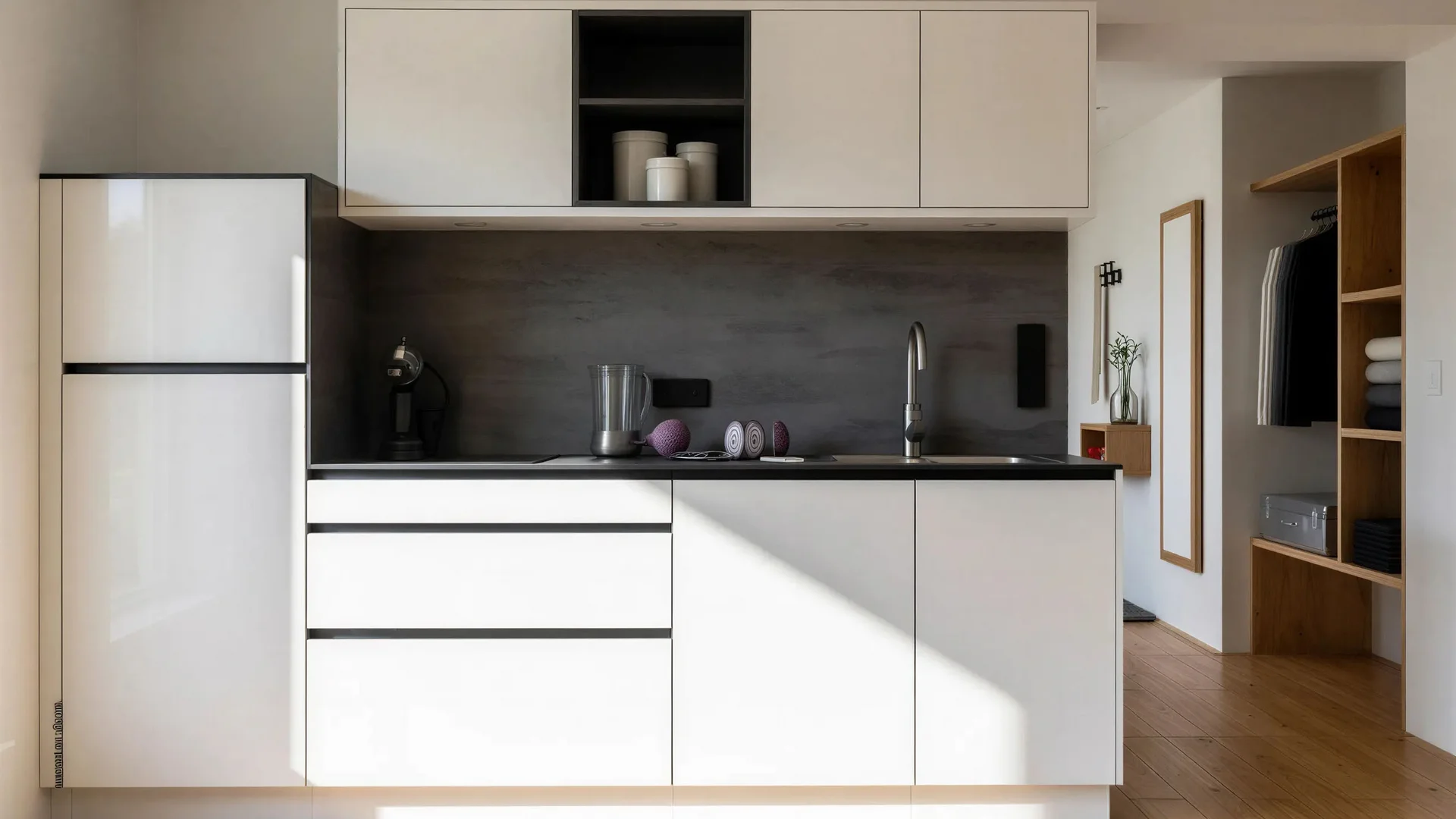 Bilder vom Armonia: Hof am Ritten in Südtirol Helle moderne Küche mit weißen Schränken, Kühlschrank, Spüle und Holzfußboden