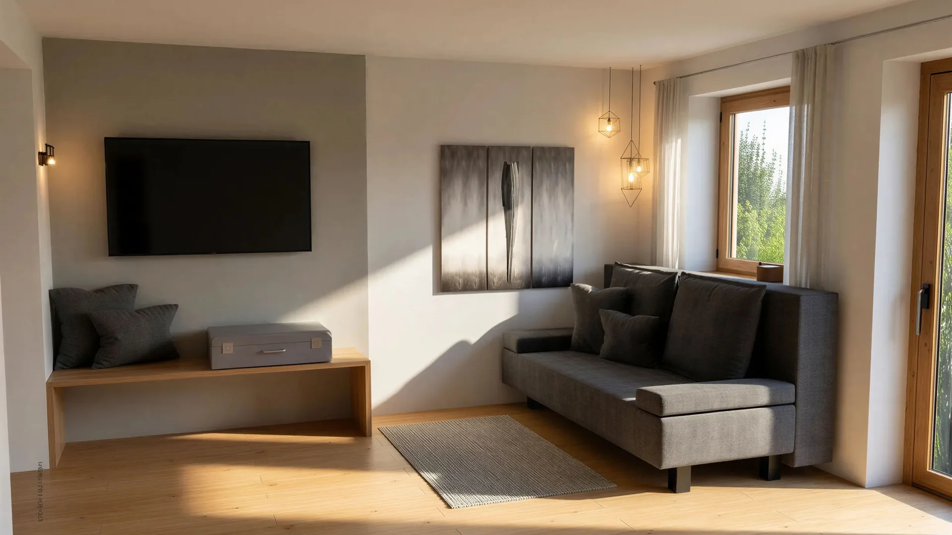 Ferienwohnung am Ritten: Armonia, Hof mit Musik Helles Wohnzimmer mit grauem Sofa, Fernseher, Wandbild und großen Fenstern