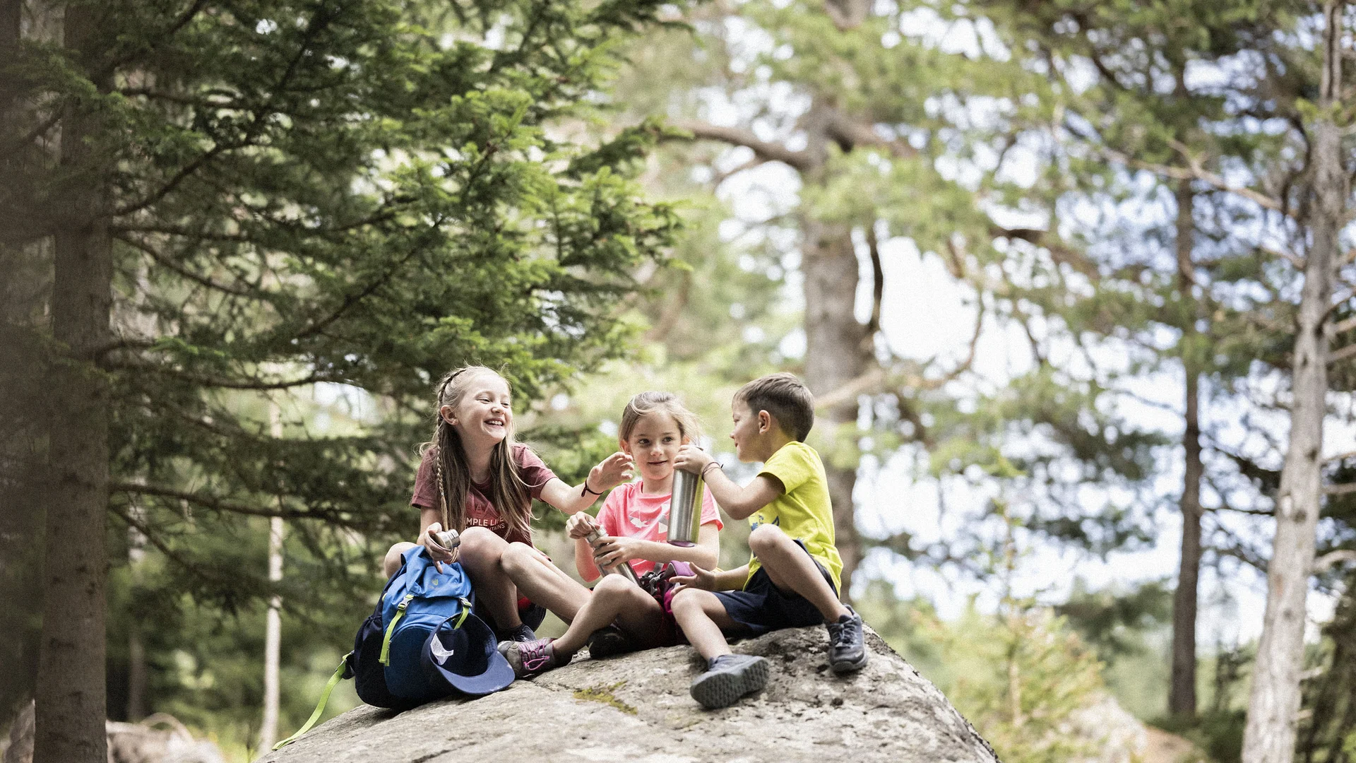 Bilder vom Armonia: Hof am Ritten in Südtirol Drei Kinder sitzen auf einem Felsen im Wald neben einem Rucksack