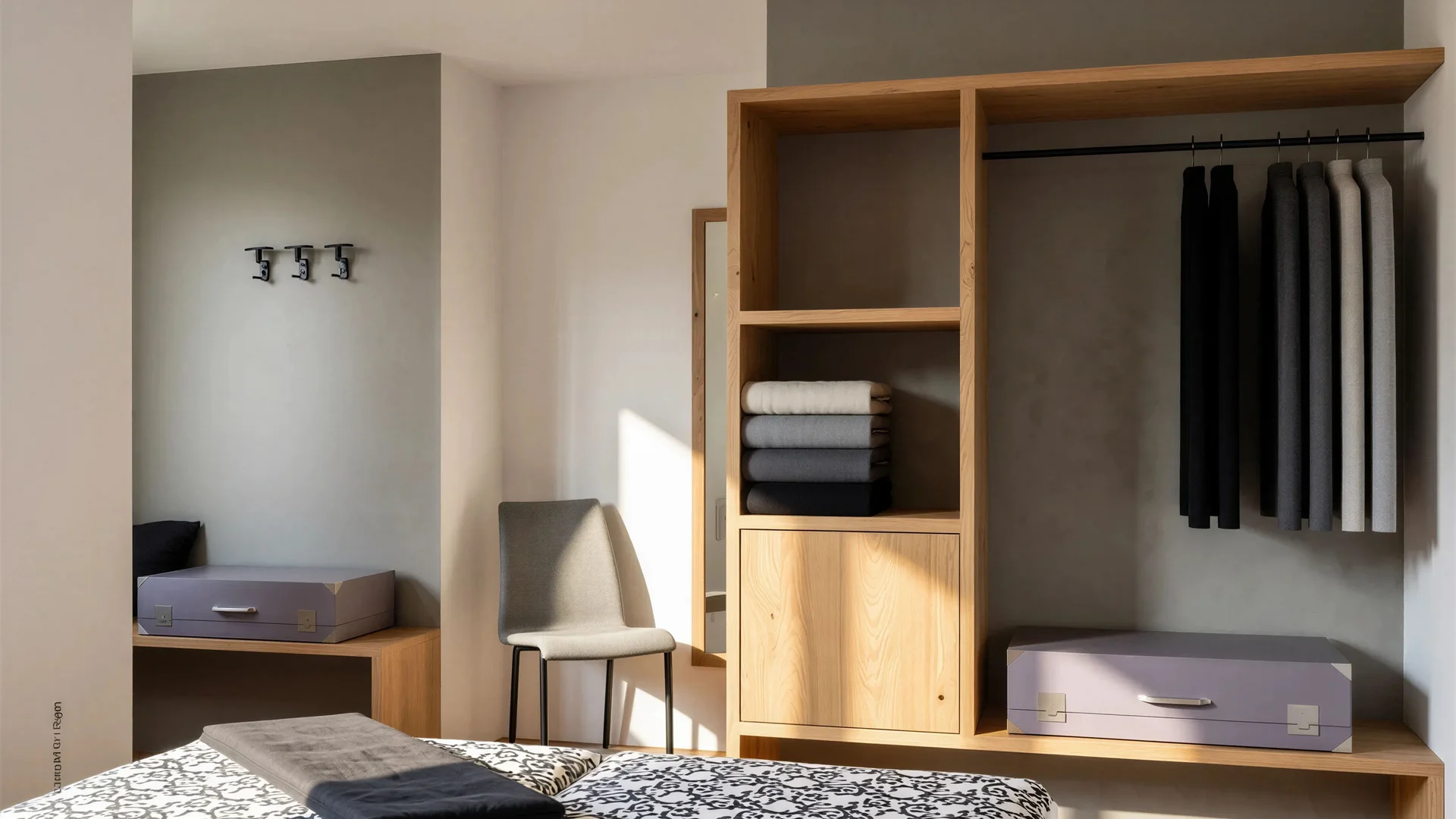 Bilder vom Armonia: Hof am Ritten in Südtirol Schlafzimmer mit gemustertem Bett, offenem Holzschrank, Kleidung und gefalteten Handtüchern