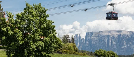 Seilbahn schwebt über einer grünen Wiese vor einer felsigen Bergkulisse
